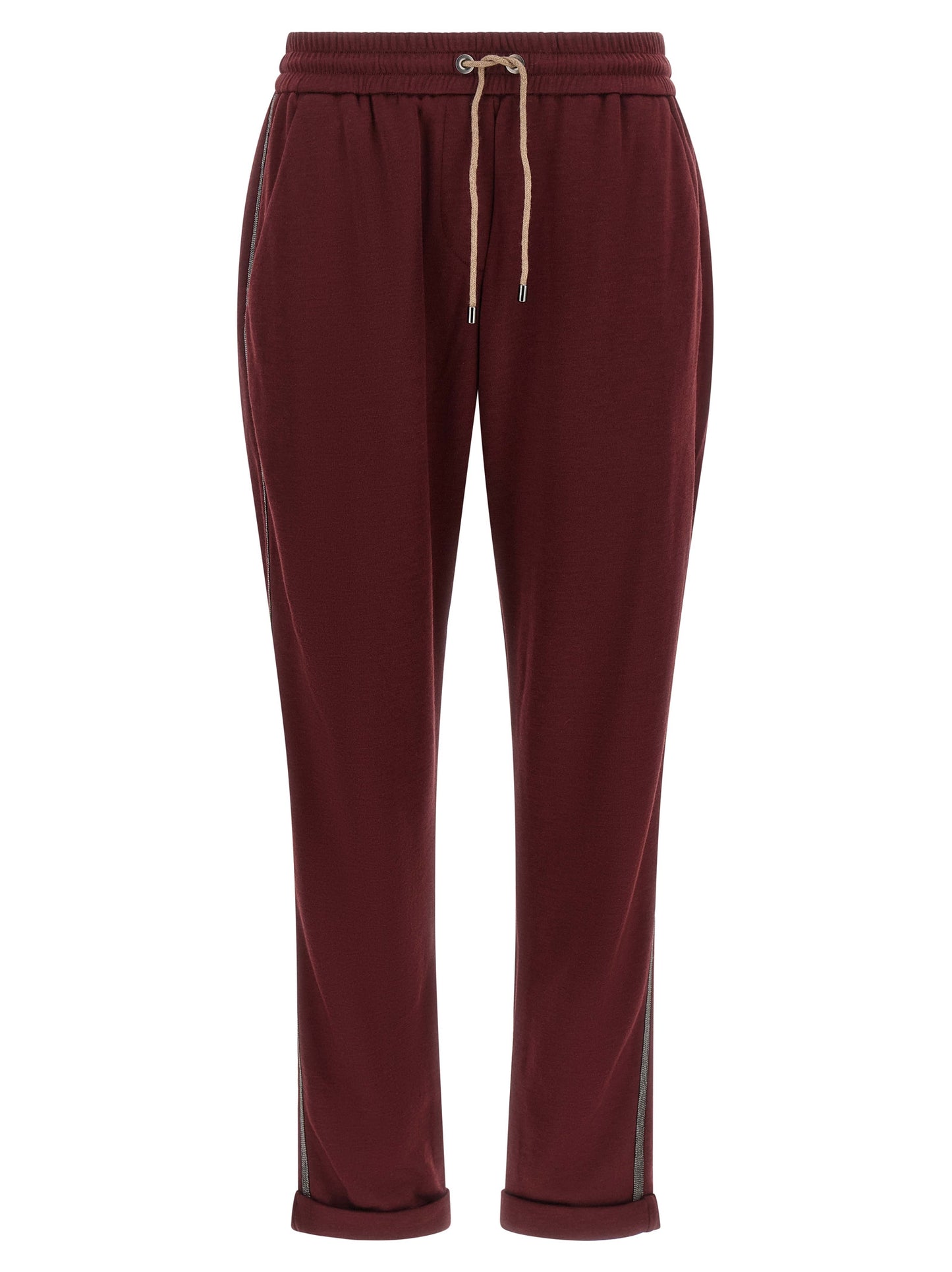 Joggers by Brunello Cucinelli for women in cotton & silk bordeaux features an refined tailoring silhouette, showcasing a premium with a and long cut for a refined tailoring look.