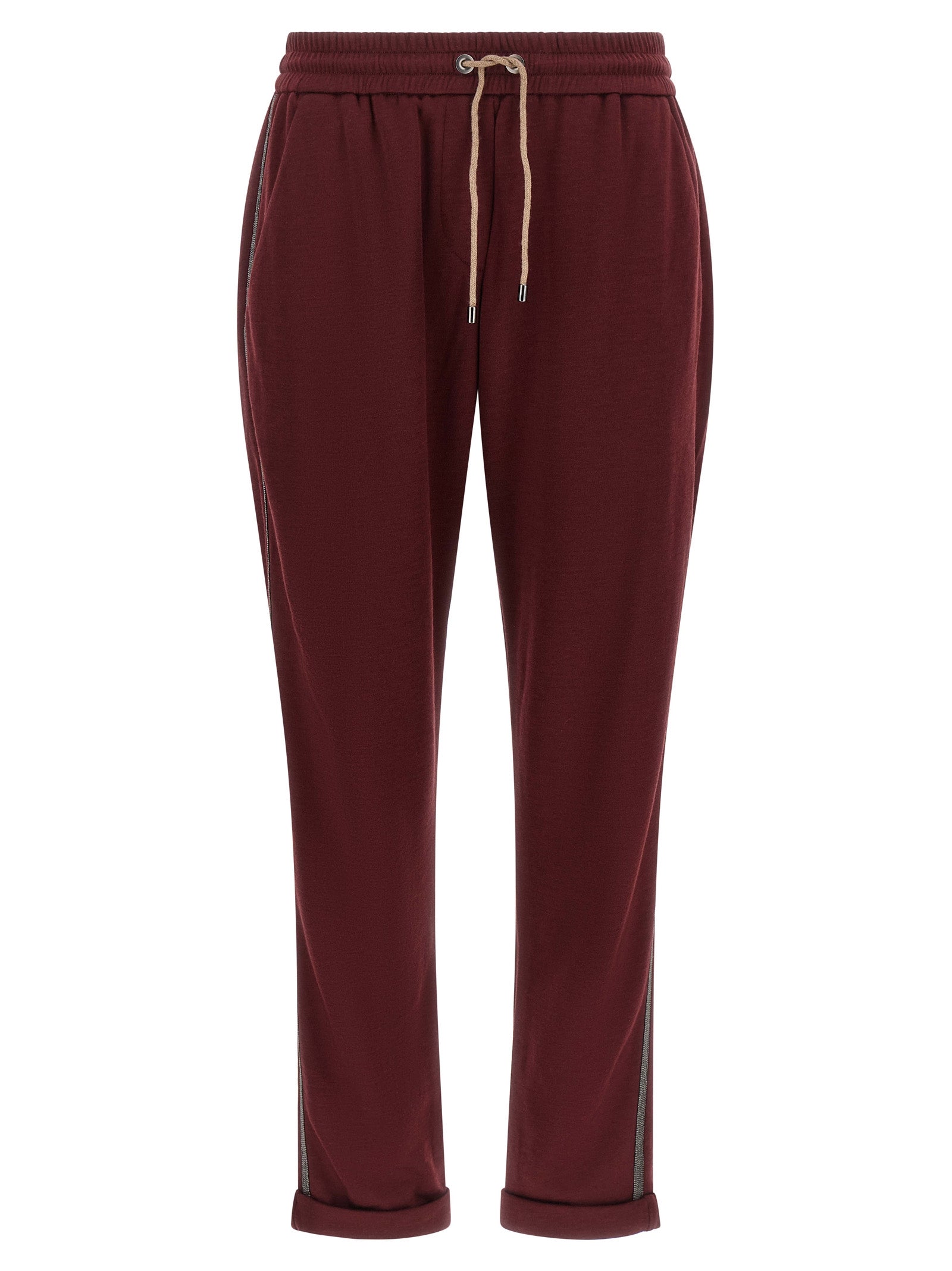 Joggers by Brunello Cucinelli for women in cotton & silk bordeaux features an refined tailoring silhouette, showcasing a premium with a and long cut for a refined tailoring look.