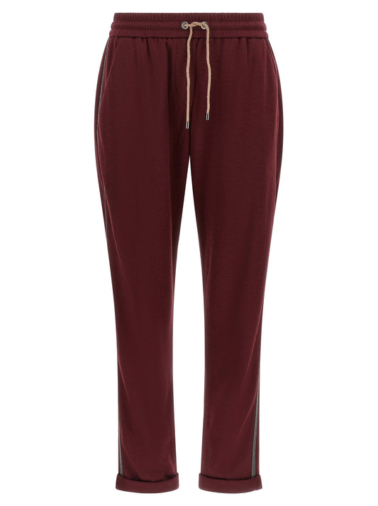 Joggers by Brunello Cucinelli for women in cotton & silk bordeaux features an refined tailoring silhouette, showcasing a premium with a and long cut for a refined tailoring look.