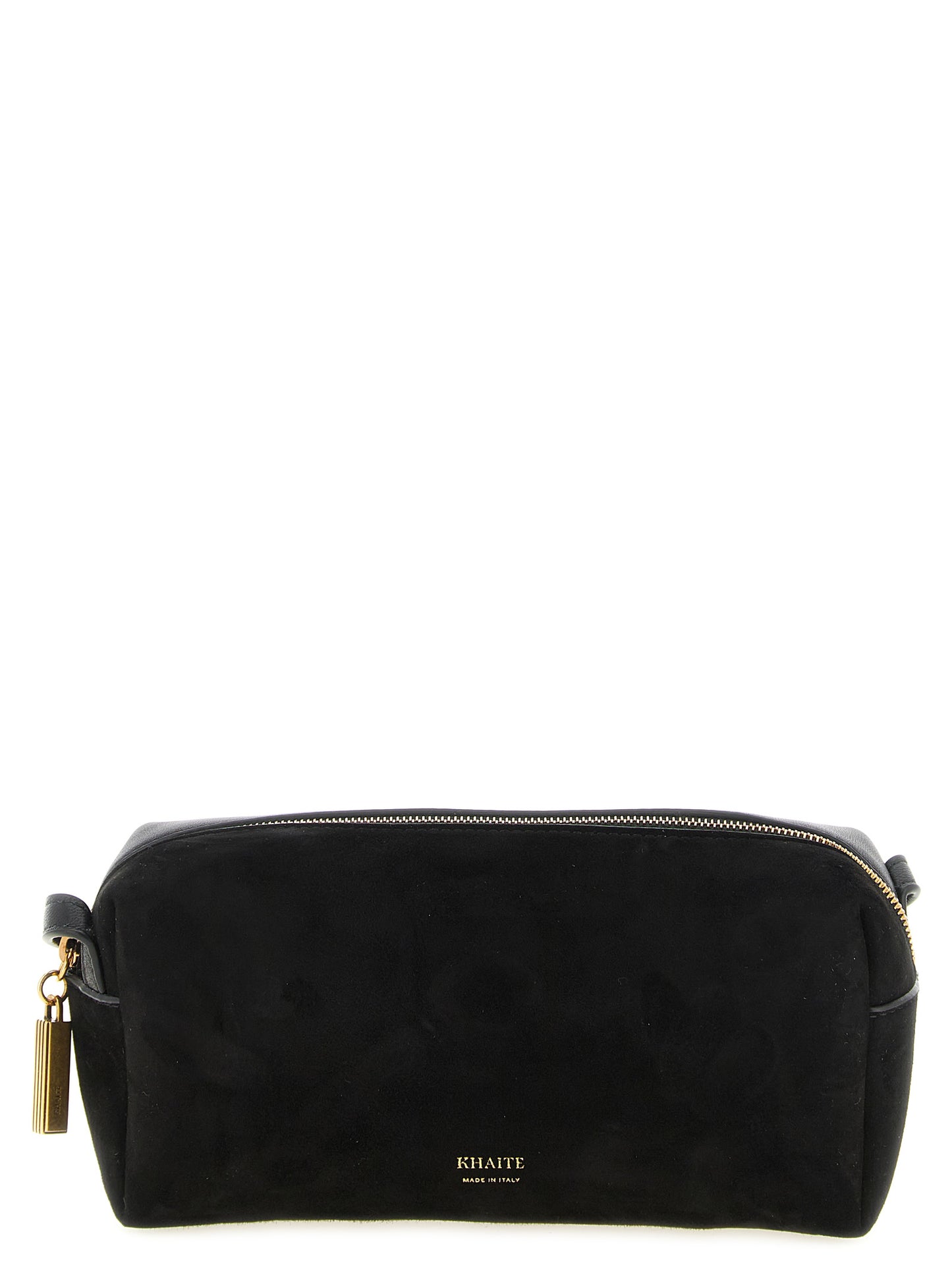 Mini Crossbody Handbag by Khaite for women in calfskin leather & nylon black & gold features a multifaceted silhouette, showcasing a secure zipper and multifaceted with versatile crossbody-strap, shoulder-strap & adjustable-strap for multifaceted style.