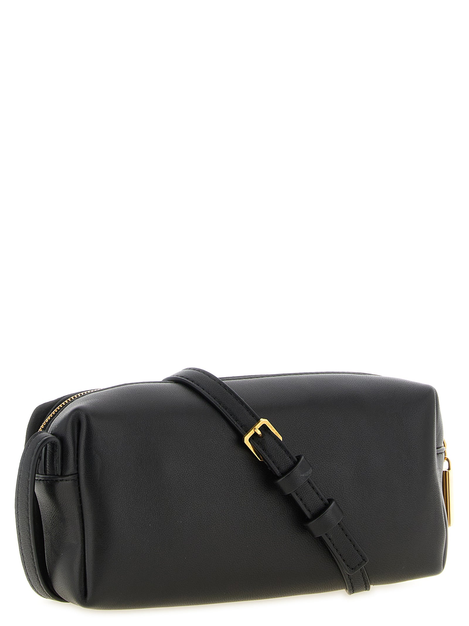 Mini Crossbody Handbag by Khaite for women in calfskin leather & nylon black & gold features an versatile silhouette, showcasing a secure zipper and versatile with versatile crossbody-strap, shoulder-strap & adjustable-strap for a versatile finish.