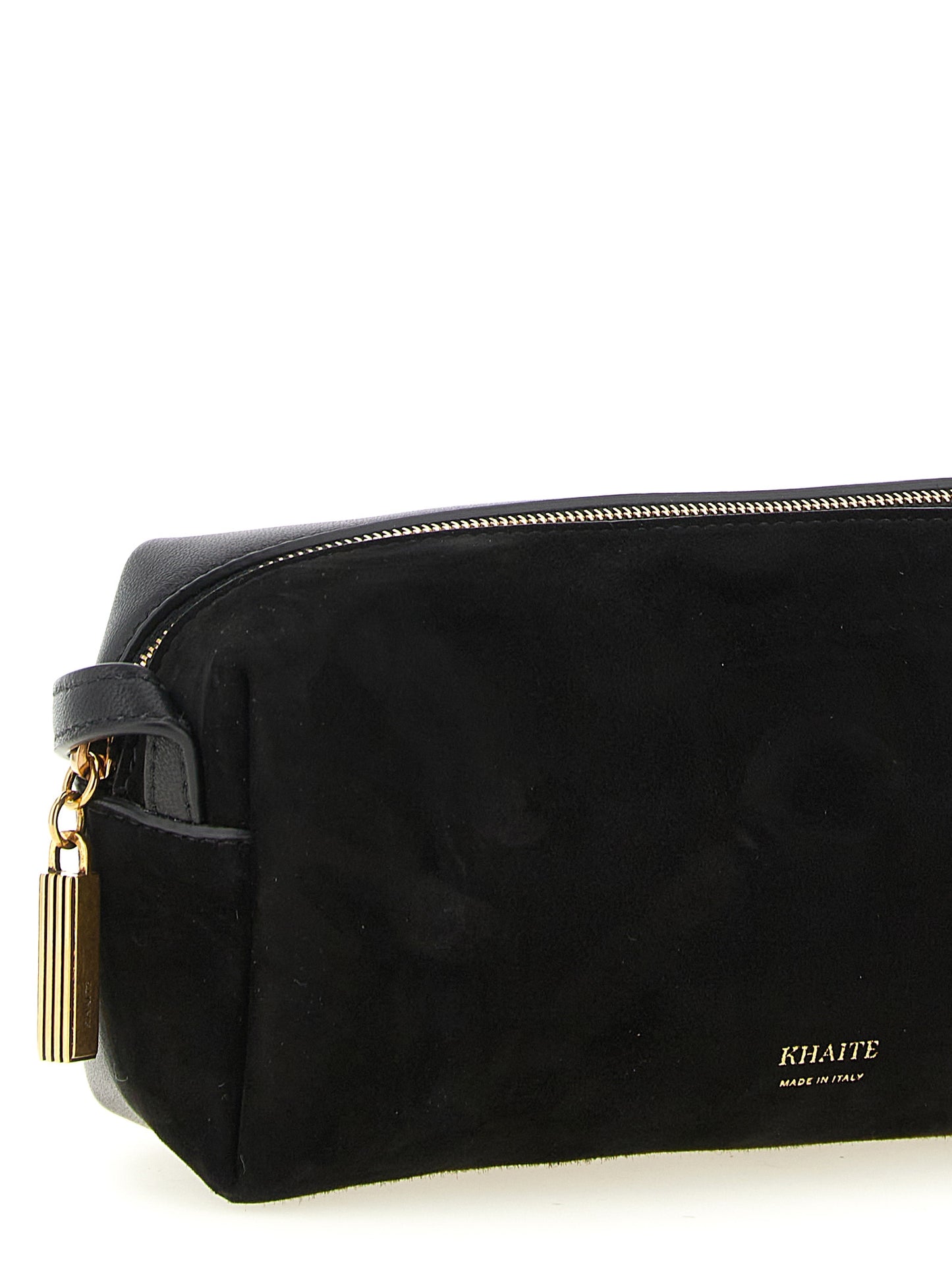 Mini Crossbody Handbag by Khaite for women in calfskin leather & nylon black & gold showcases a versatile sophistication silhouette, featuring a secure zipper, versatile sophistication , and versatile crossbody-strap, shoulder-strap & adjustable-strap for a versatile sophistication finish.