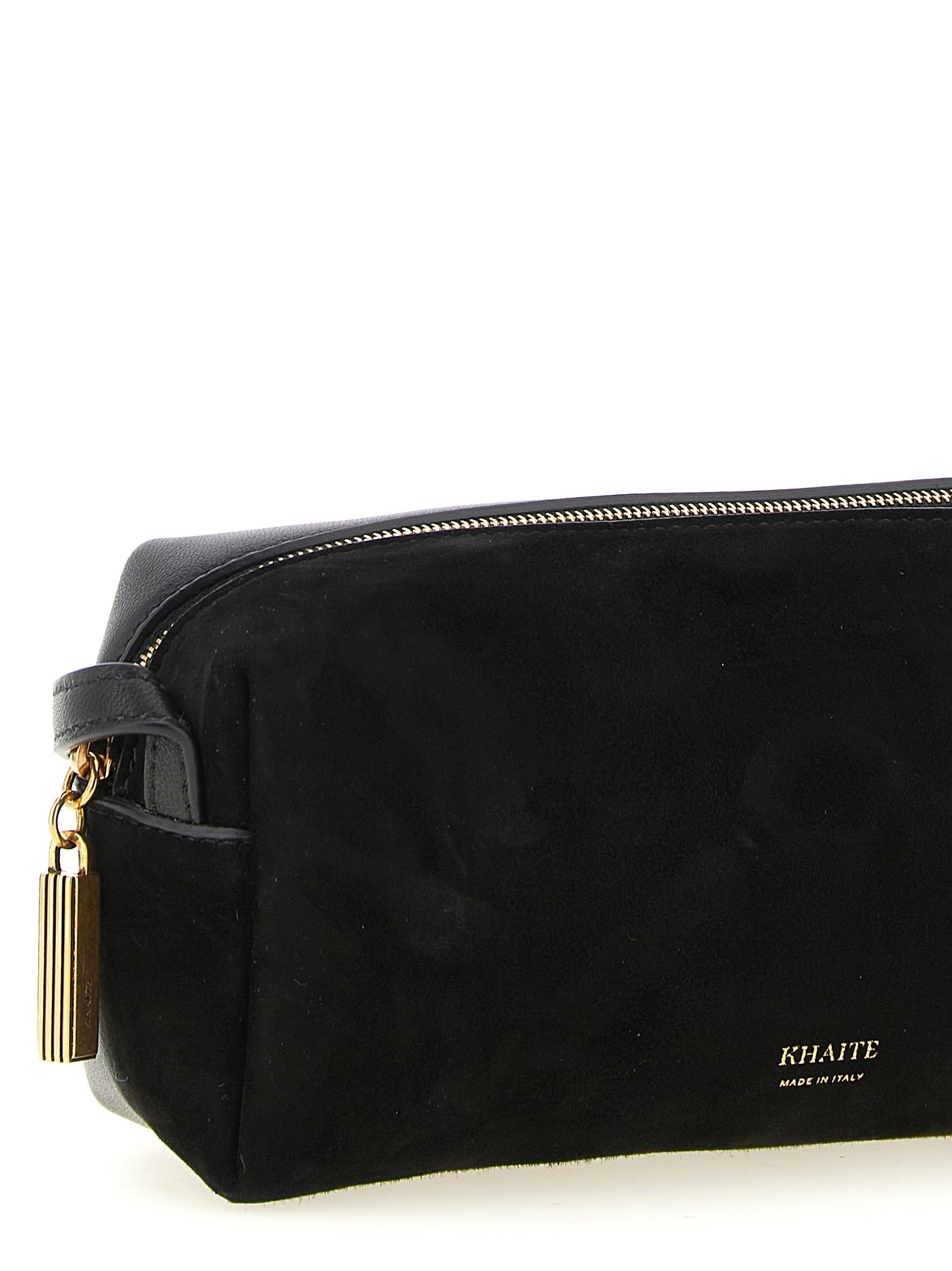 Mini Crossbody Handbag by Khaite for women in calfskin leather & nylon black & gold showcases a versatile sophistication silhouette, featuring a secure zipper, versatile sophistication , and versatile crossbody-strap, shoulder-strap & adjustable-strap for a versatile sophistication finish.