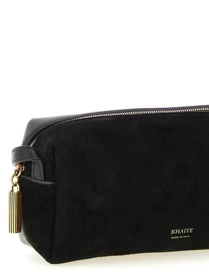 Mini Crossbody Handbag by Khaite for women in calfskin leather & nylon black & gold showcases a versatile sophistication silhouette, featuring a secure zipper, versatile sophistication , and versatile crossbody-strap, shoulder-strap & adjustable-strap for a versatile sophistication finish.