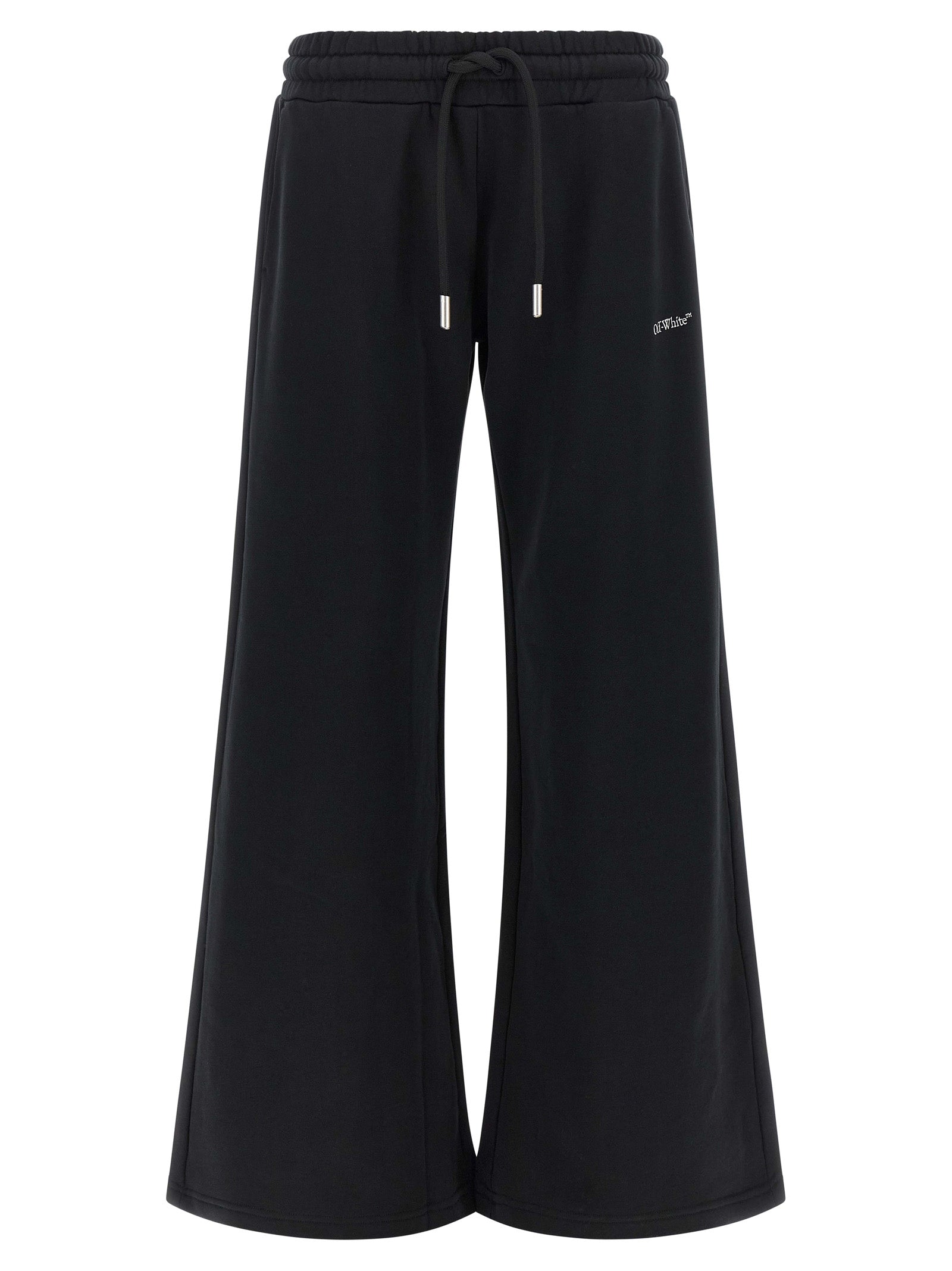 Joggers by Off-White for women in cotton black, silver, white & signature features a polished silhouette with a polished flared, relaxed-fit & wide, reaching a polished long and finished with a polished .