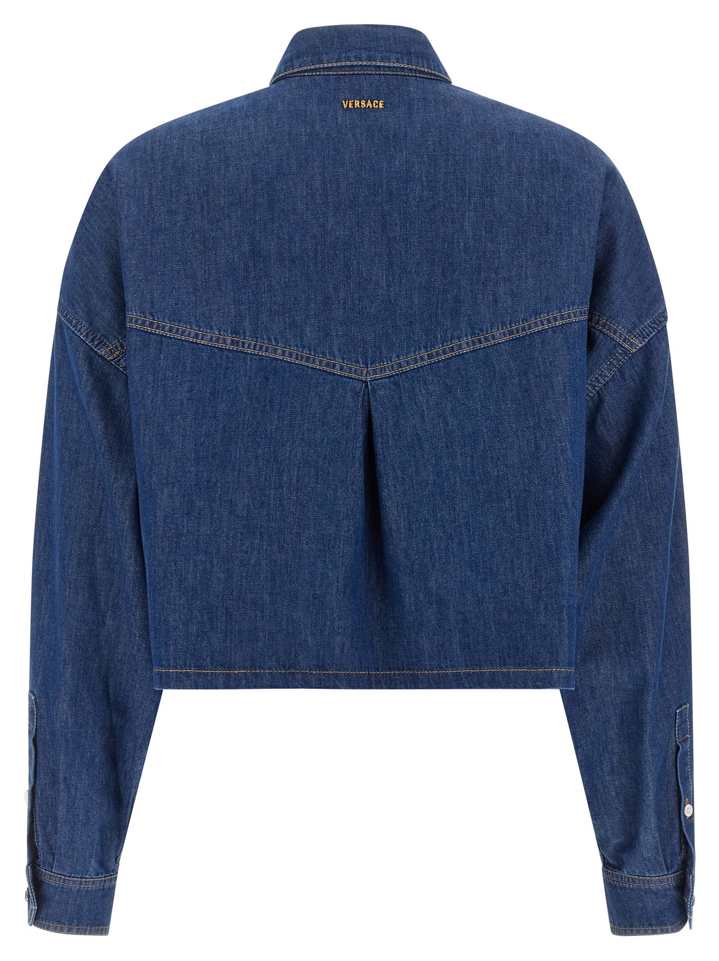 Blouse by Versace for women in denim cotton blue & silver showcases a sharp silhouette, elegantly detailed with a sharp square neckline and sharp .