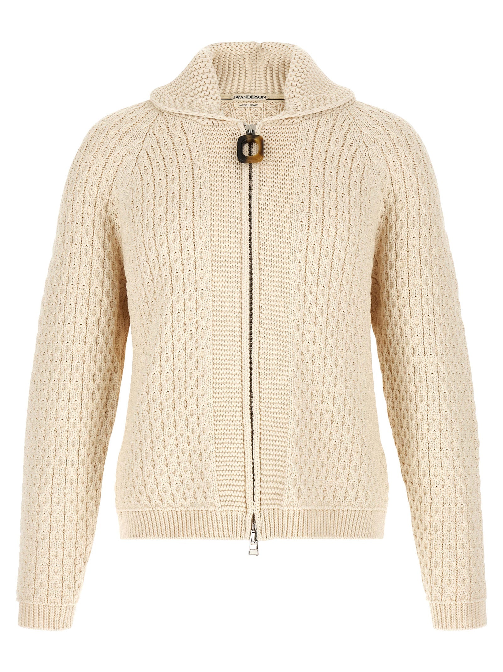 Cardigan by J.W.Anderson for men in cotton cream, horn & white features an crisp silhouette, showcasing a sophisticated turtle neckline and detail for a truly crisp finish.