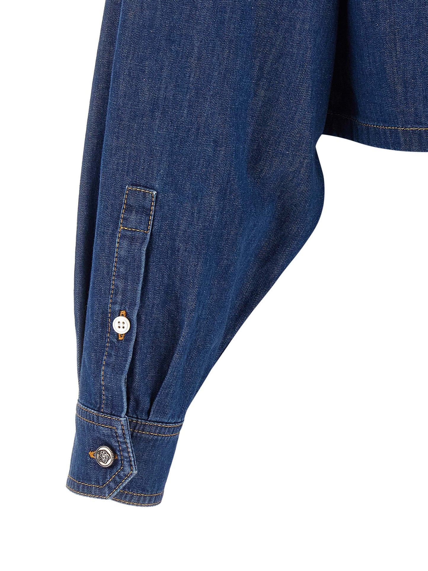 Blouse by Versace for women in denim cotton blue & silver features an polished silhouette, showcasing a sophisticated square neckline and detail for a truly polished finish.