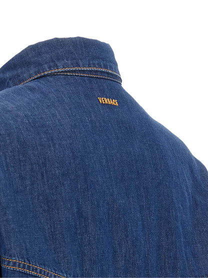 Blouse by Versace for women in denim cotton blue & silver features an polished silhouette, showcasing a sophisticated and detail for a truly polished finish.