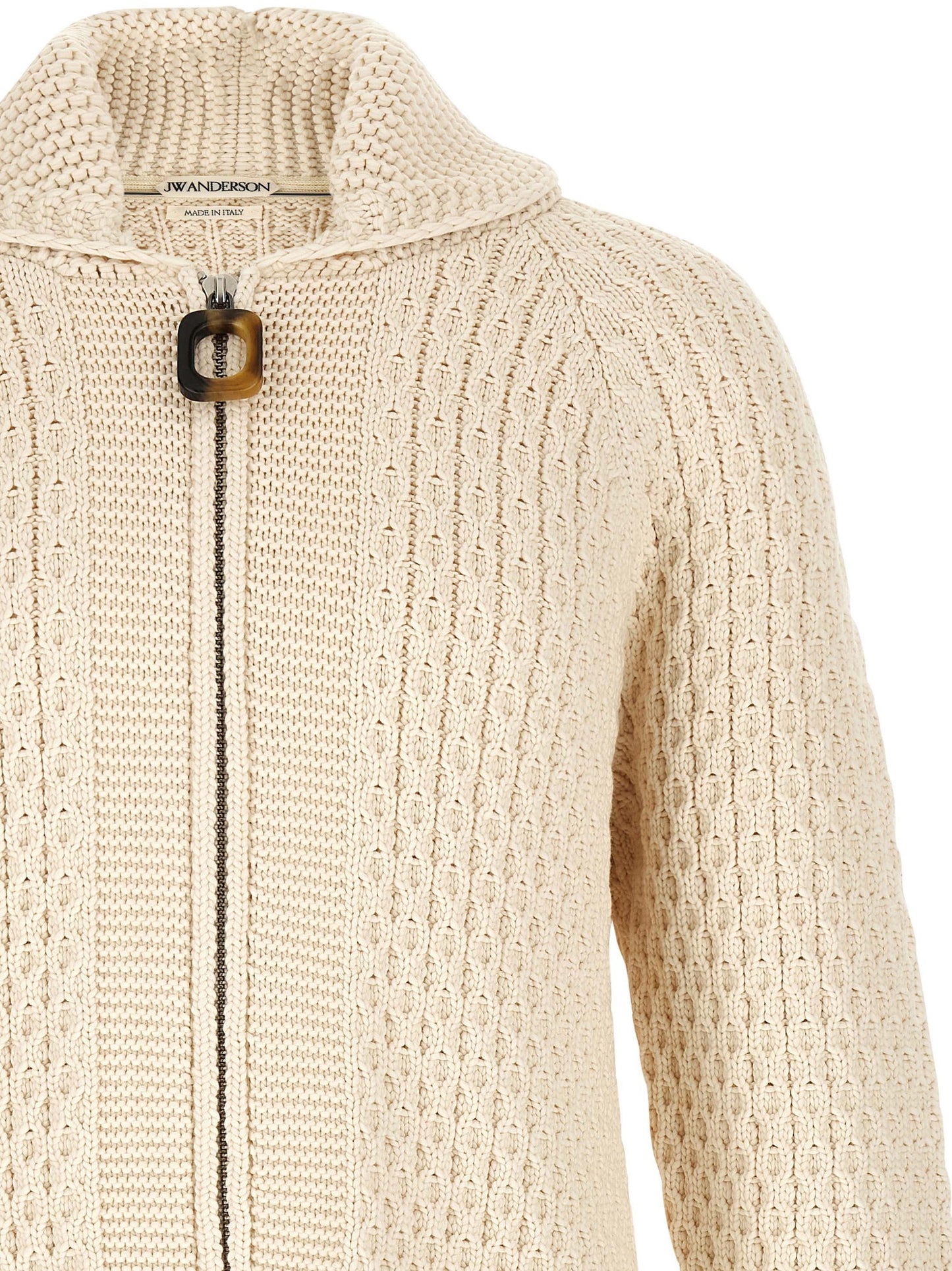 Cardigan by J.W.Anderson for men in cotton cream, horn & white features a nuanced silhouette with a refined turtle neckline and nuanced detailing for a sophisticated look.