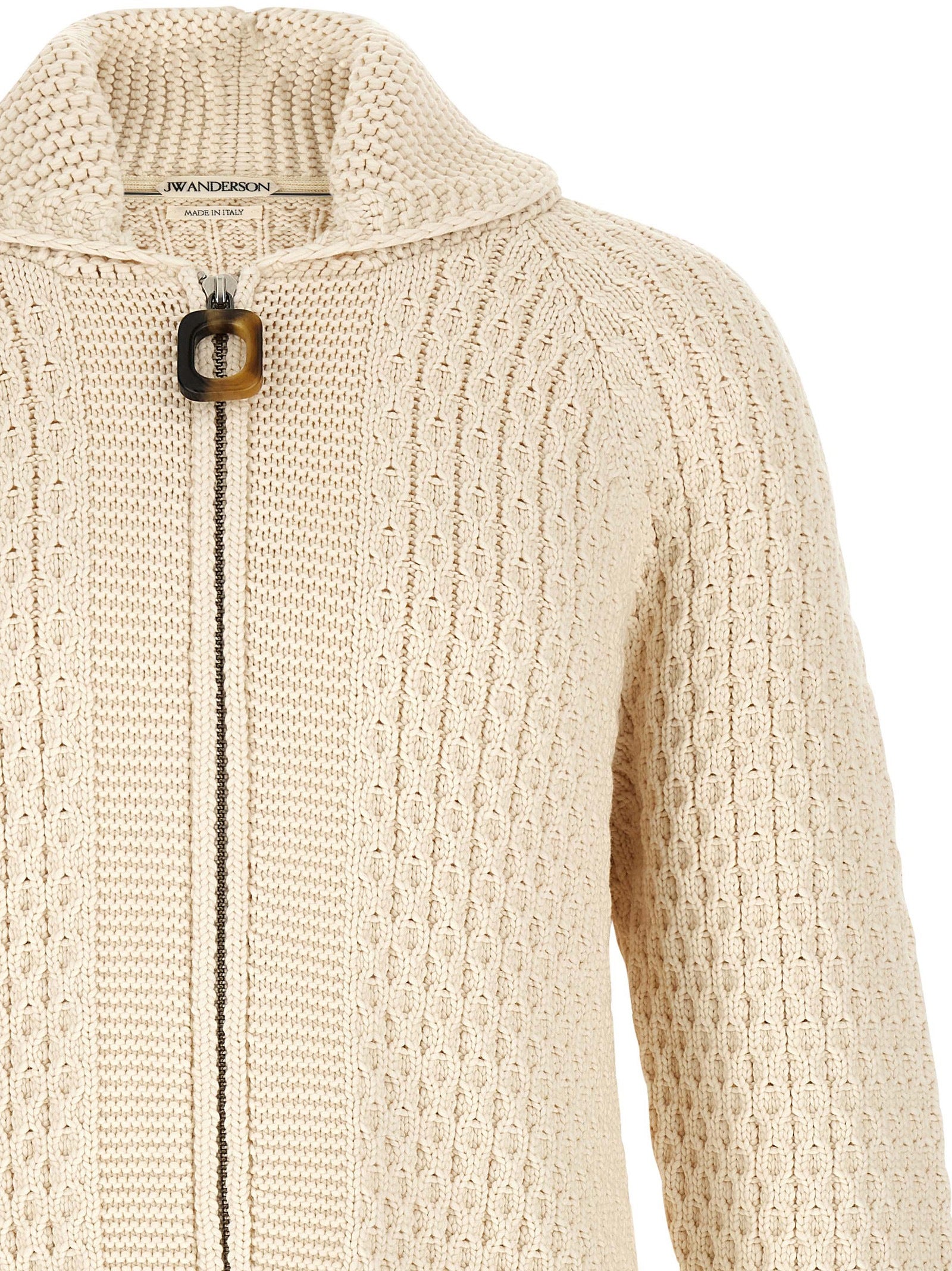Cardigan by J.W.Anderson for men in cotton cream, horn & white features a nuanced silhouette with a refined turtle neckline and nuanced detailing for a sophisticated look.