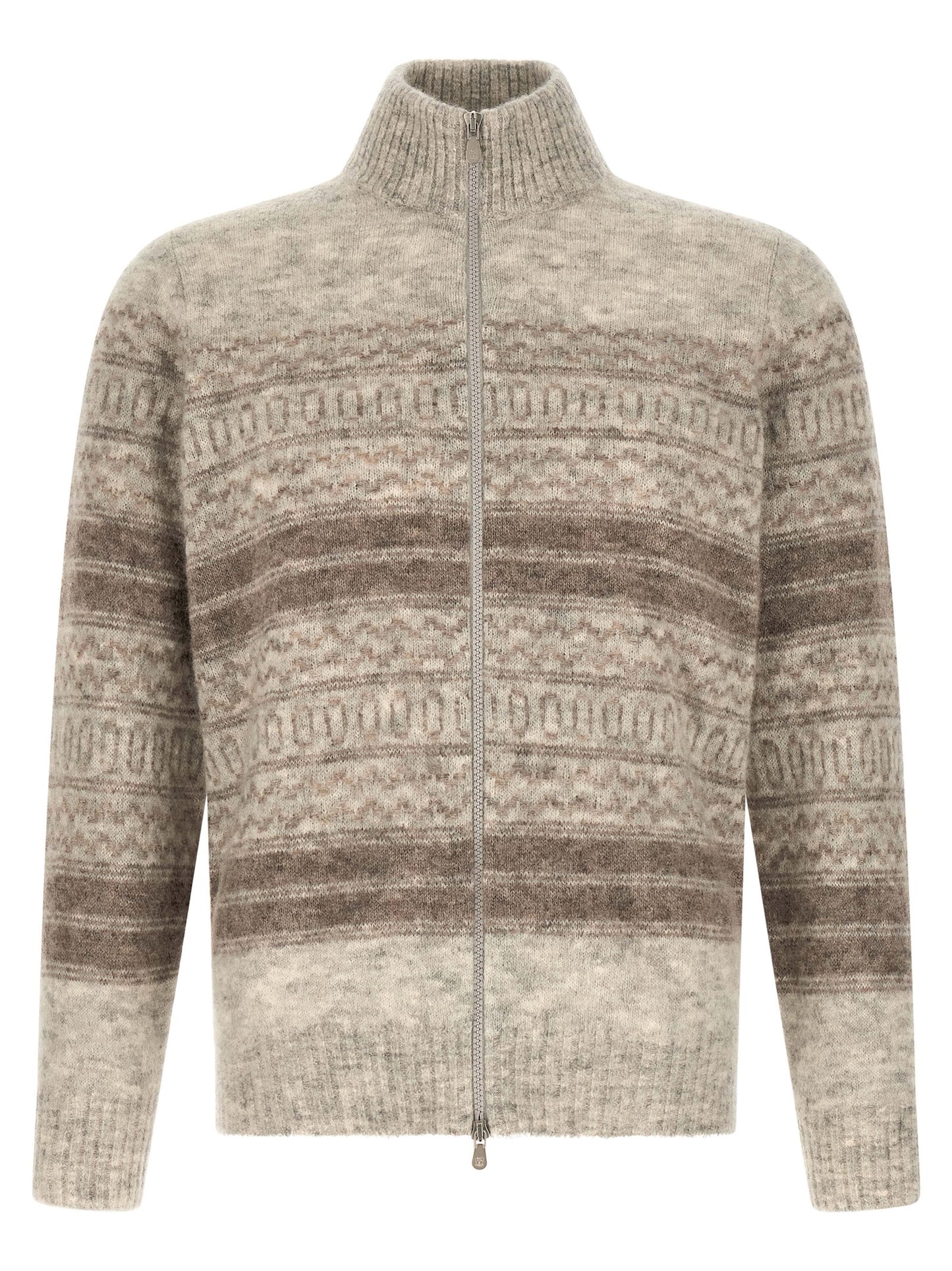 Cardigan by Brunello Cucinelli for men in alpaca wool beige, patterned & jacquard features an crisp silhouette, showcasing a sophisticated high-neck neckline and long-sleeve detail for a truly crisp finish.