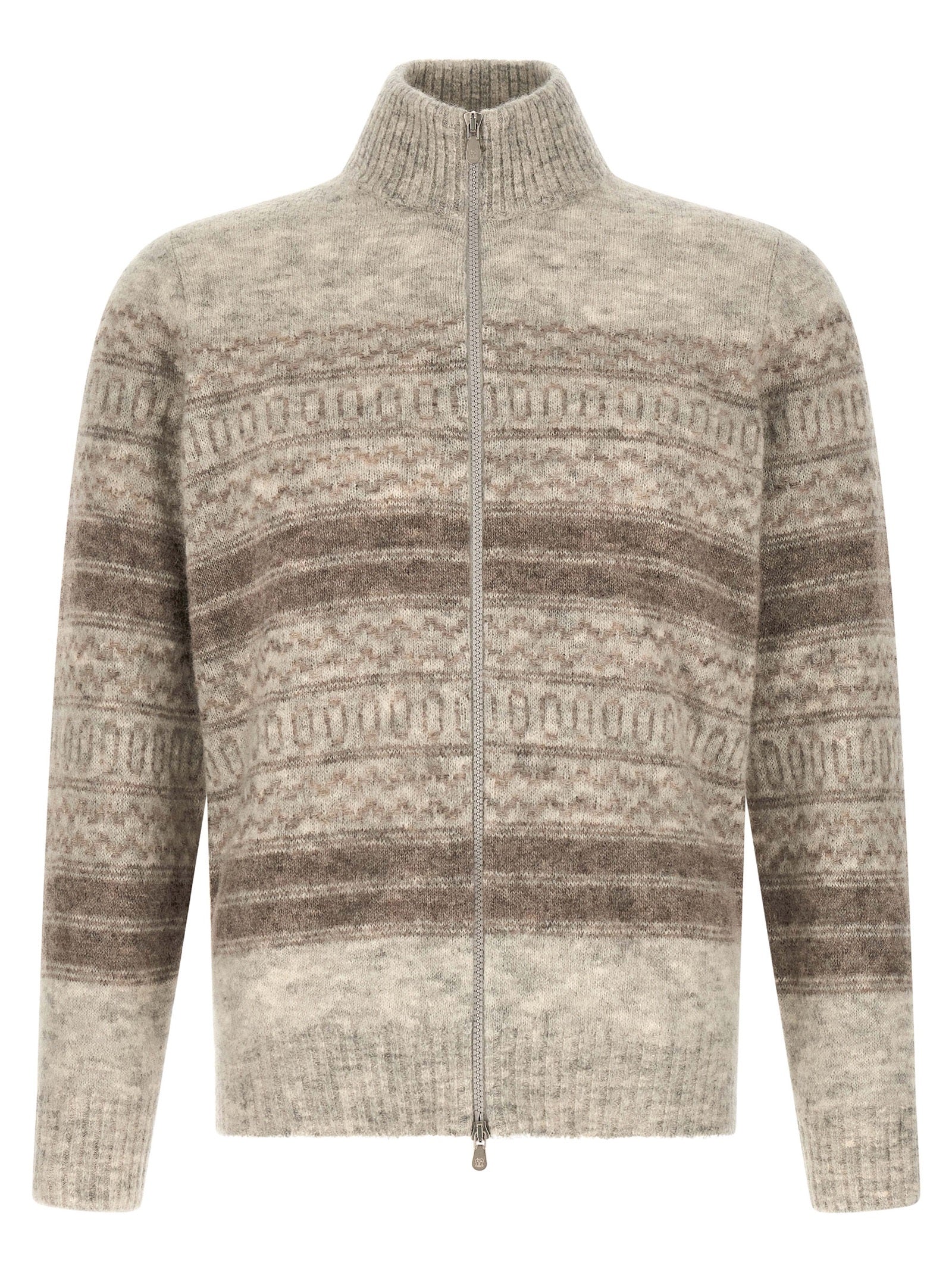 Cardigan by Brunello Cucinelli for men in alpaca wool beige, patterned & jacquard features an crisp silhouette, showcasing a sophisticated high-neck neckline and long-sleeve detail for a truly crisp finish.