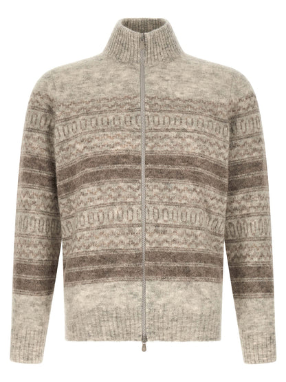 Cardigan by Brunello Cucinelli for men in alpaca wool beige, patterned & jacquard features an crisp silhouette, showcasing a sophisticated high-neck neckline and long-sleeve detail for a truly crisp finish.