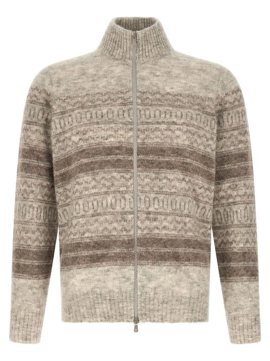 Cardigan by Brunello Cucinelli for men in alpaca wool beige, patterned & jacquard features an crisp silhouette, showcasing a sophisticated high-neck neckline and long-sleeve detail for a truly crisp finish.