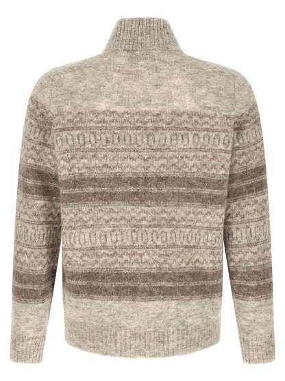 Cardigan by Brunello Cucinelli for men in alpaca wool beige, patterned & jacquard features a nuanced silhouette with a refined high-neck neckline and nuanced detailing for a sophisticated look.