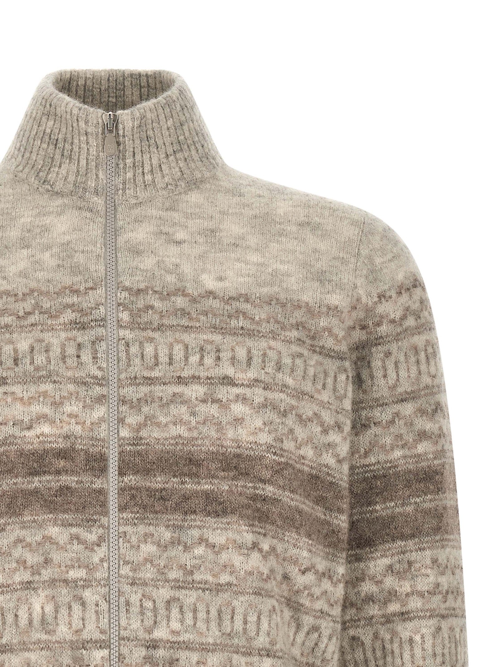 Cardigan by Brunello Cucinelli for men in alpaca wool beige, patterned & jacquard showcases a luxurious silhouette, meticulously detailed with a sophisticated high-neck neckline and for a refined finish.