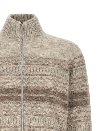 Cardigan by Brunello Cucinelli for men in alpaca wool beige, patterned & jacquard showcases a luxurious silhouette, meticulously detailed with a sophisticated high-neck neckline and for a refined finish.