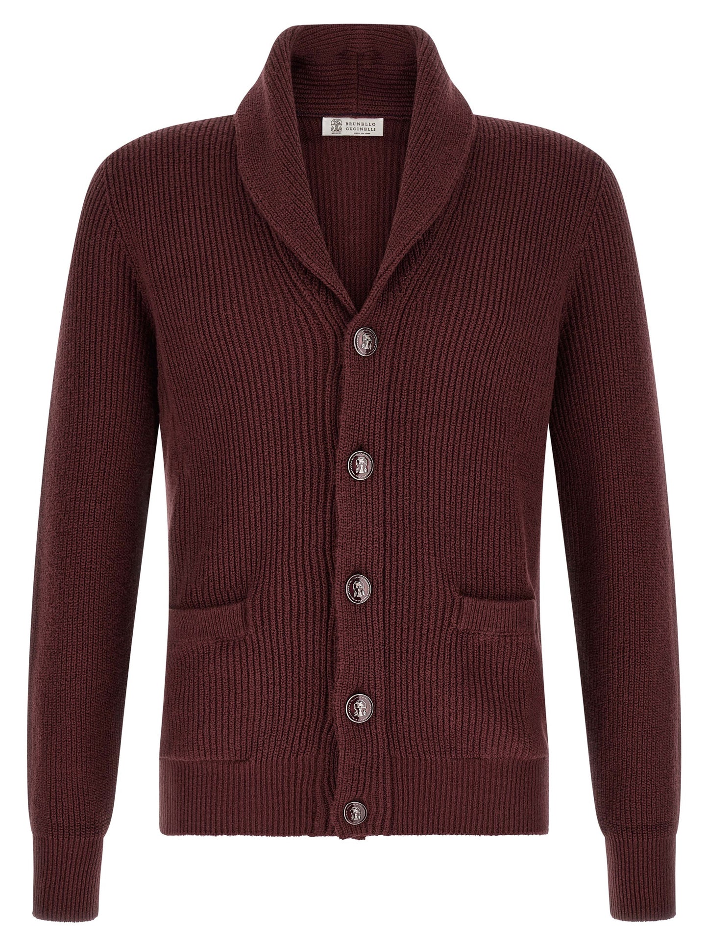Cardigan by Brunello Cucinelli for men in cotton bordeaux & burgundy features an impeccable silhouette, showcasing a sophisticated shawl-collar neckline and detail for a truly impeccable finish.