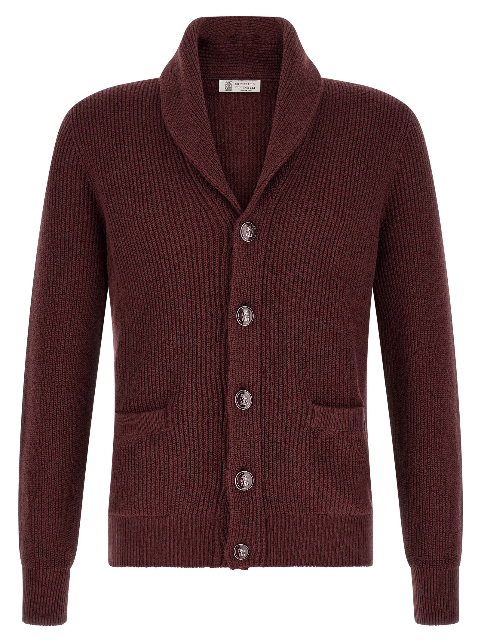 Cardigan by Brunello Cucinelli for men in cotton bordeaux & burgundy features an impeccable silhouette, showcasing a sophisticated shawl-collar neckline and detail for a truly impeccable finish.