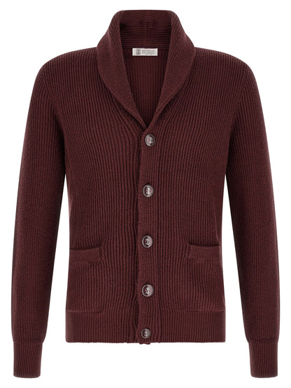 Cardigan by Brunello Cucinelli for men in cotton bordeaux & burgundy features an impeccable silhouette, showcasing a sophisticated shawl-collar neckline and detail for a truly impeccable finish.