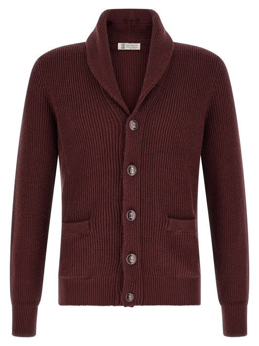 Cardigan by Brunello Cucinelli for men in cotton bordeaux & burgundy features an impeccable silhouette, showcasing a sophisticated shawl-collar neckline and detail for a truly impeccable finish.