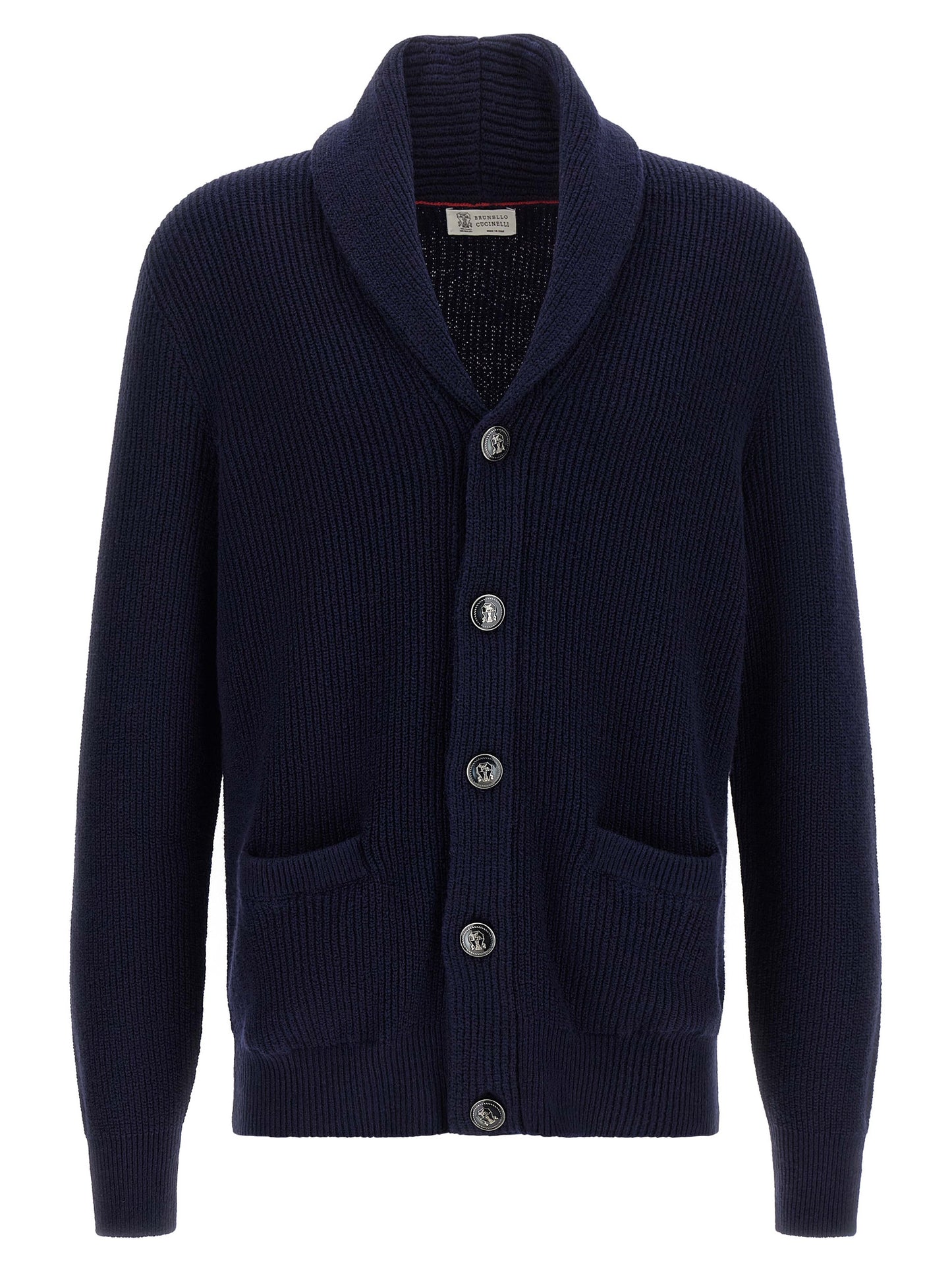 Cardigan by Brunello Cucinelli for men in cotton navy showcases a luxurious silhouette, meticulously detailed with a sophisticated shawl-collar neckline and long-sleeve for a refined finish.