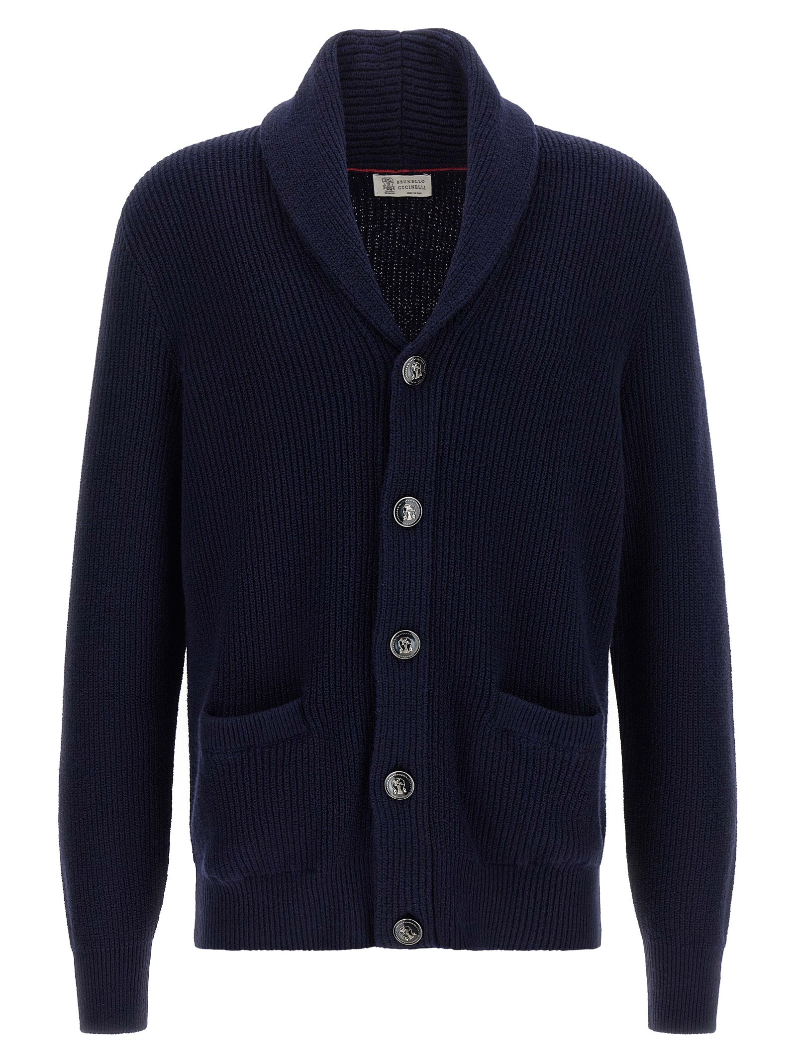 Cardigan by Brunello Cucinelli for men in cotton navy showcases a luxurious silhouette, meticulously detailed with a sophisticated shawl-collar neckline and long-sleeve for a refined finish.