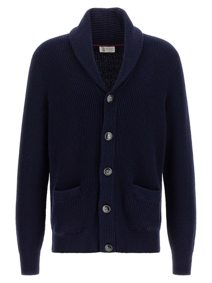 Cardigan by Brunello Cucinelli for men in cotton navy showcases a luxurious silhouette, meticulously detailed with a sophisticated shawl-collar neckline and long-sleeve for a refined finish.