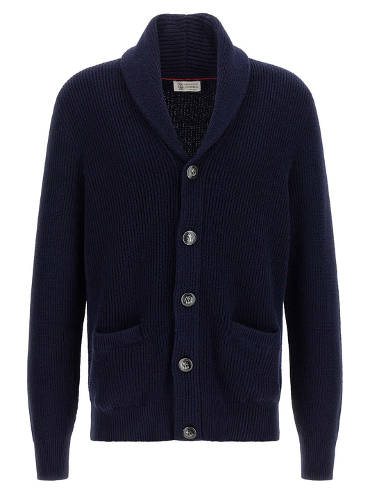 Cardigan by Brunello Cucinelli for men in cotton navy showcases a luxurious silhouette, meticulously detailed with a sophisticated shawl-collar neckline and long-sleeve for a refined finish.