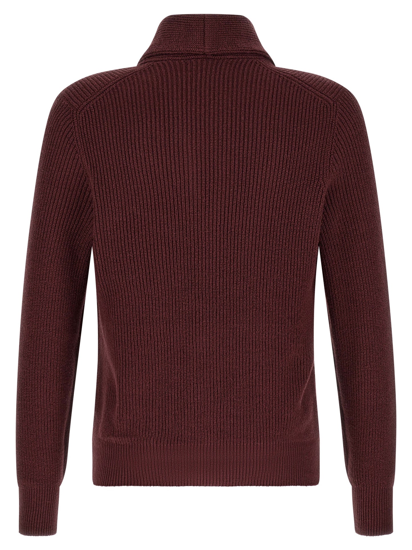 Cardigan by Brunello Cucinelli for men in cotton bordeaux & burgundy features a nuanced silhouette with a refined shawl-collar neckline and nuanced detailing for a sophisticated look.