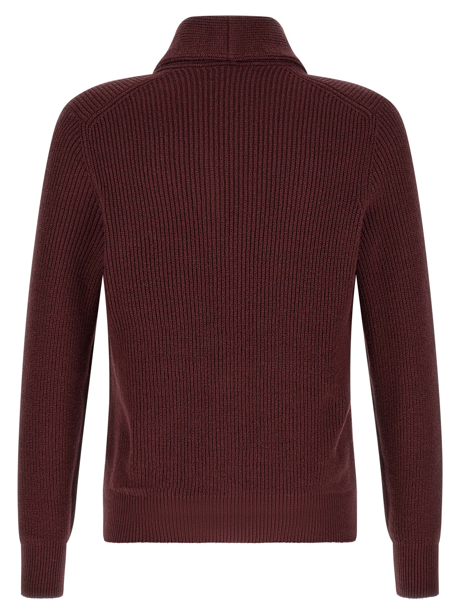 Cardigan by Brunello Cucinelli for men in cotton bordeaux & burgundy features a nuanced silhouette with a refined shawl-collar neckline and nuanced detailing for a sophisticated look.