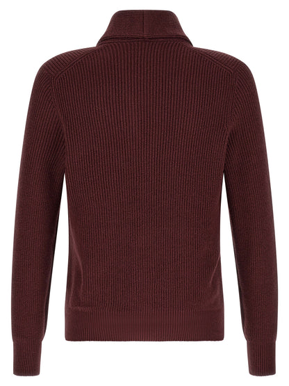 Cardigan by Brunello Cucinelli for men in cotton bordeaux & burgundy features a nuanced silhouette with a refined shawl-collar neckline and nuanced detailing for a sophisticated look.