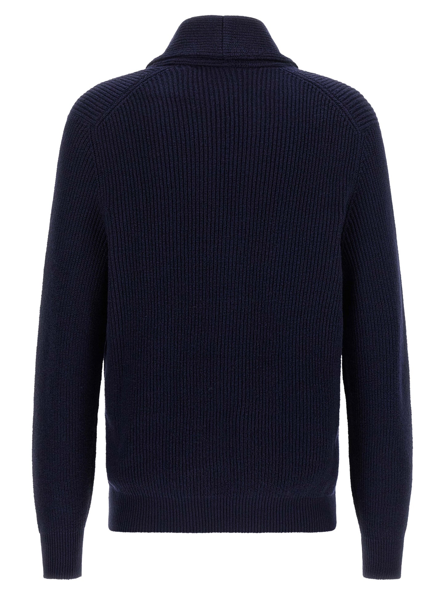 Cardigan by Brunello Cucinelli for men in cotton navy presents a textural silhouette, artfully finished with a textural shawl-collar neckline and for a sophisticated, textural look.