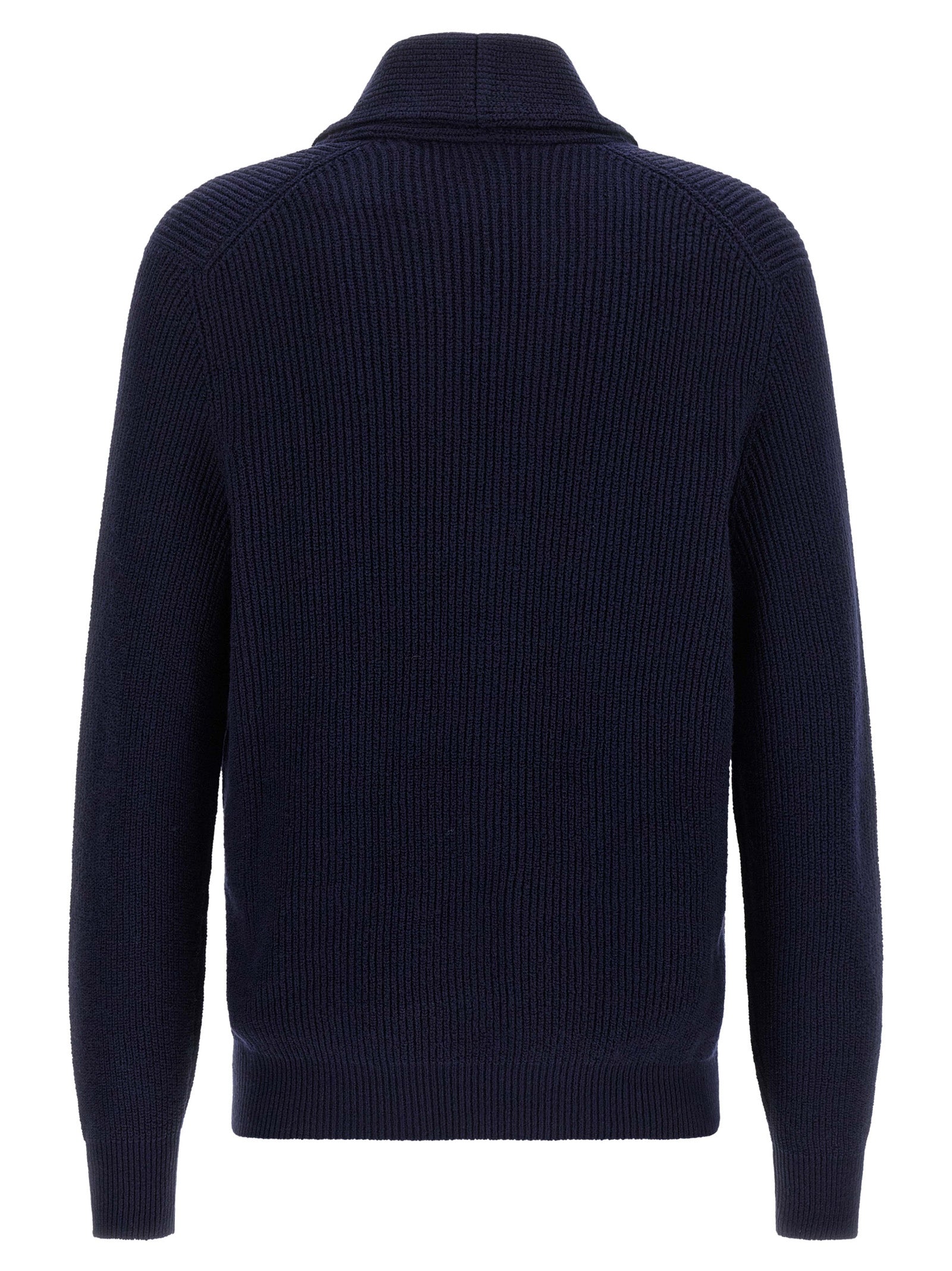 Cardigan by Brunello Cucinelli for men in cotton navy presents a textural silhouette, artfully finished with a textural shawl-collar neckline and for a sophisticated, textural look.