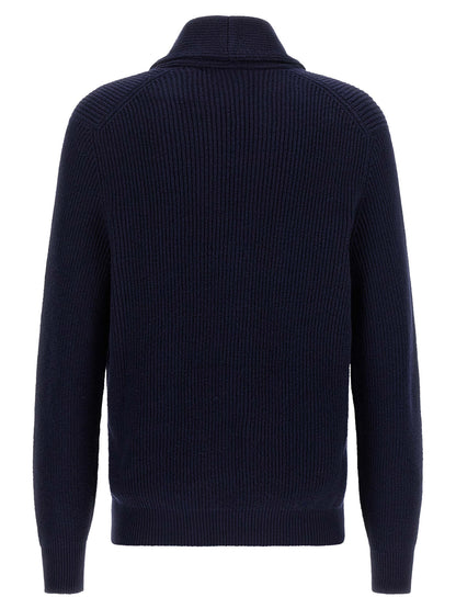 Cardigan by Brunello Cucinelli for men in cotton navy presents a textural silhouette, artfully finished with a textural shawl-collar neckline and for a sophisticated, textural look.