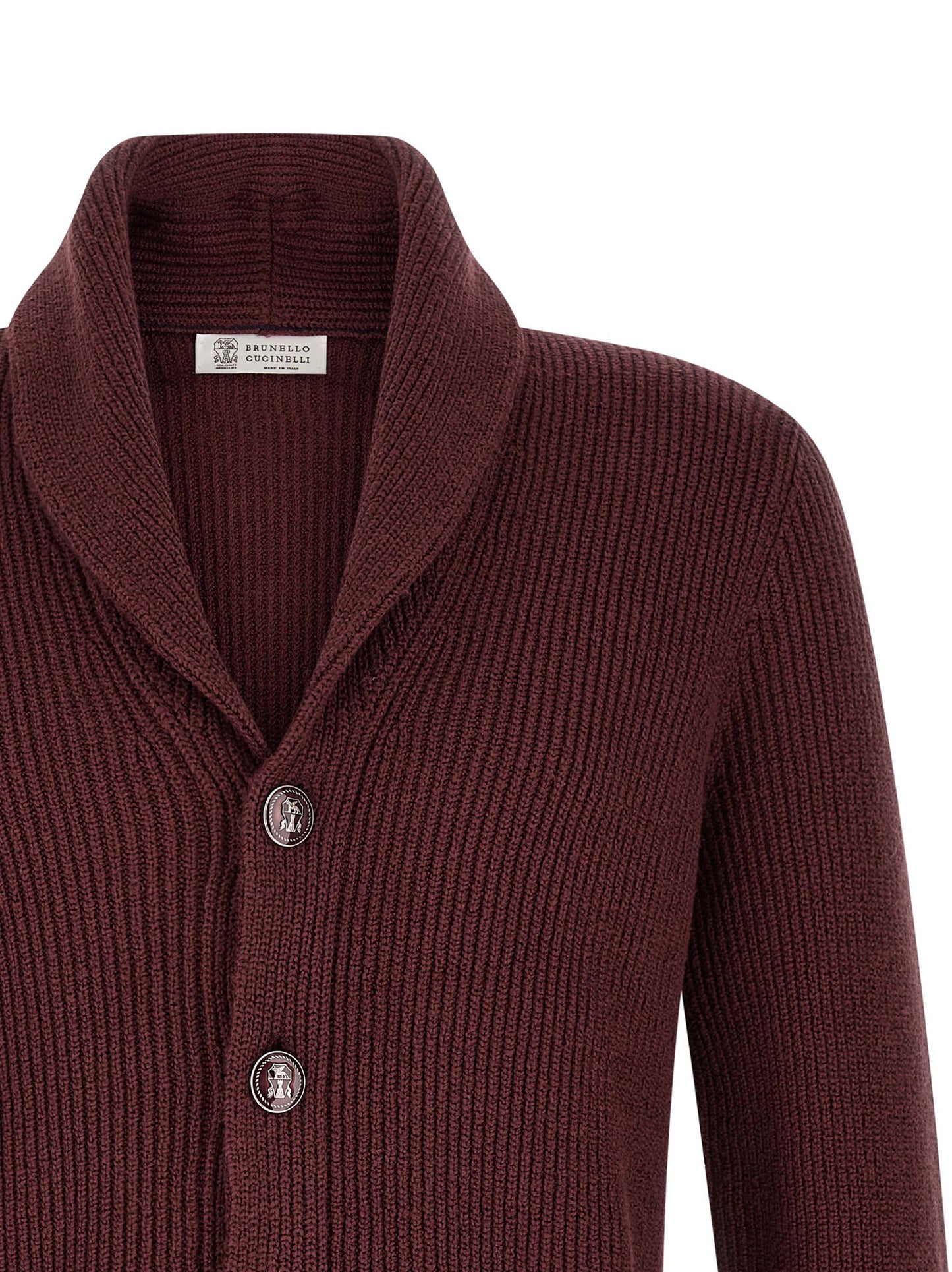Cardigan by Brunello Cucinelli for men in cotton bordeaux & burgundy features a dramatic silhouette, showcasing a sophisticated shawl-collar neckline and dramatic detail for a timeless, premium look.