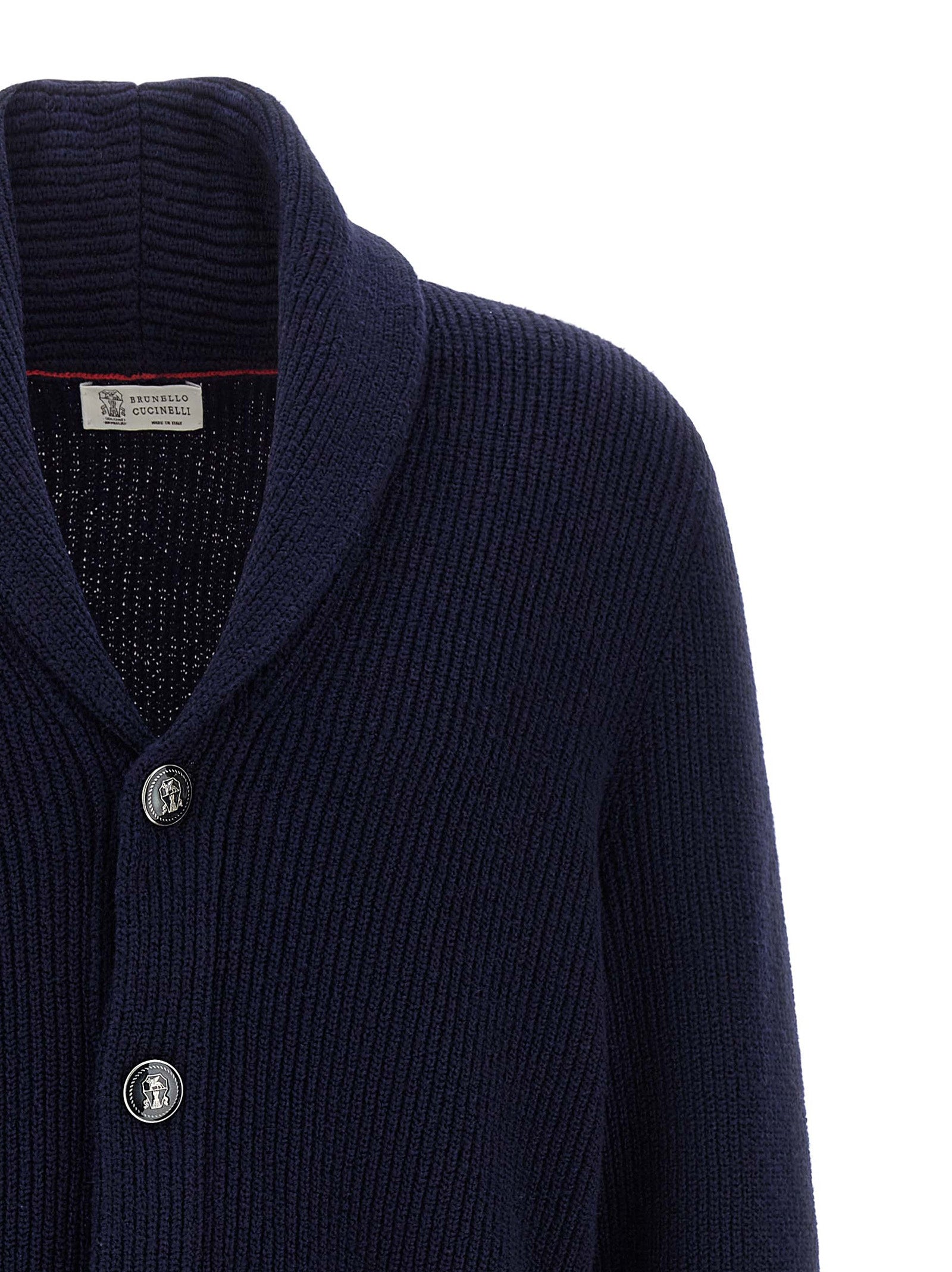 Cardigan by Brunello Cucinelli for men in cotton navy features an crisp silhouette, showcasing a sophisticated shawl-collar neckline and detail for a truly crisp finish.