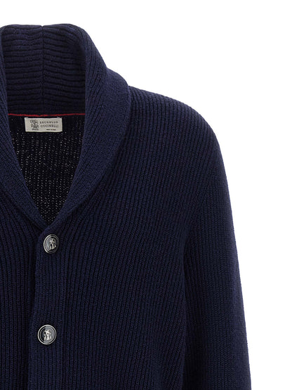 Cardigan by Brunello Cucinelli for men in cotton navy features an crisp silhouette, showcasing a sophisticated shawl-collar neckline and detail for a truly crisp finish.
