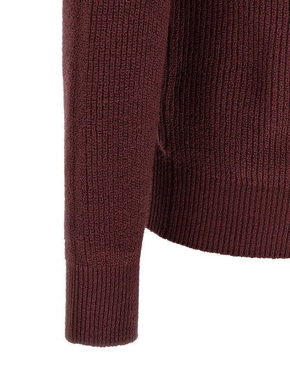 Cardigan by Brunello Cucinelli for men in cotton bordeaux & burgundy presents a textural silhouette, artfully finished with a textural and for a sophisticated, textural look.