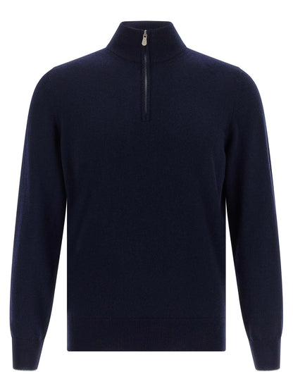 Cardigan by Brunello Cucinelli for men in cashmere dark-blue presents a textural silhouette, artfully finished with a textural high-neck neckline and long-sleeve for a sophisticated, textural look.