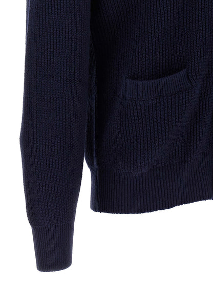 Cardigan by Brunello Cucinelli for men in cotton navy features an impeccable silhouette, showcasing a sophisticated shawl-collar neckline and detail for a truly impeccable finish.