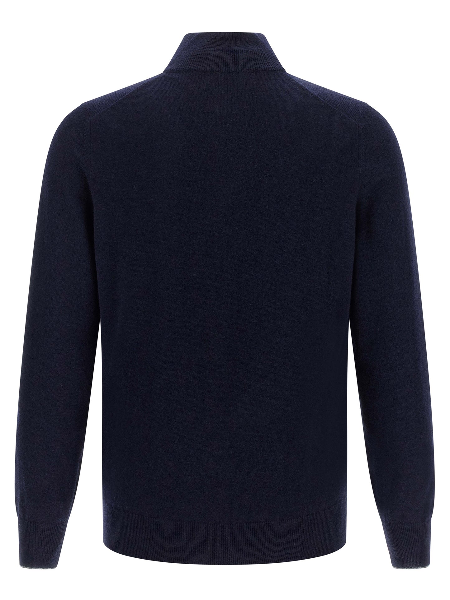 Cardigan by Brunello Cucinelli for men in cashmere dark-blue features a dramatic silhouette, showcasing a sophisticated high-neck neckline and dramatic detail for a timeless, premium look.