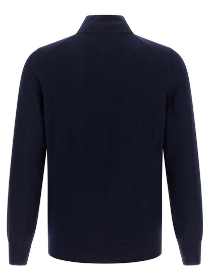 Cardigan by Brunello Cucinelli for men in cashmere dark-blue features a dramatic silhouette, showcasing a sophisticated high-neck neckline and dramatic detail for a timeless, premium look.