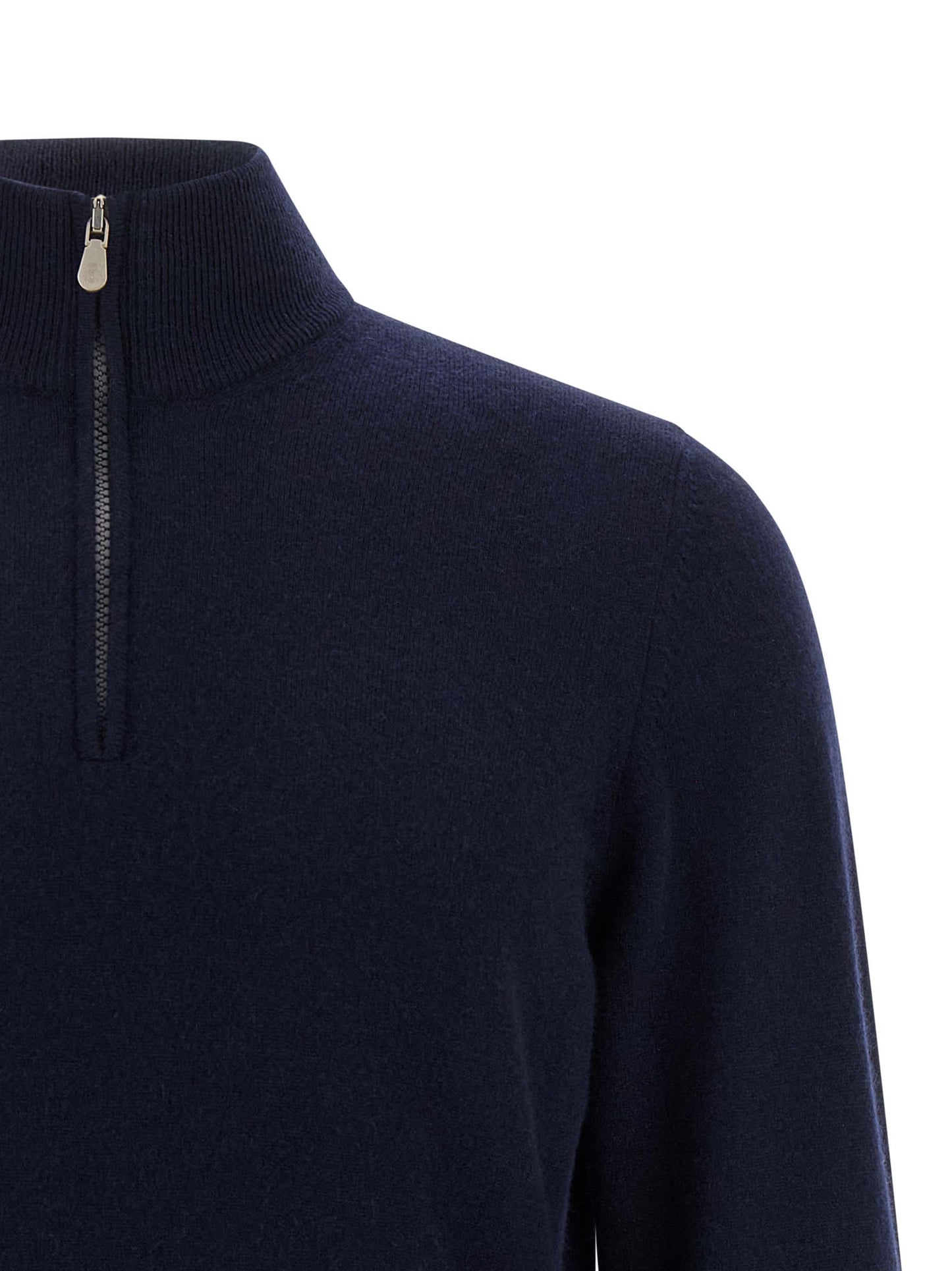Cardigan by Brunello Cucinelli for men in cashmere dark-blue features a nuanced silhouette with a refined high-neck neckline and nuanced detailing for a sophisticated look.
