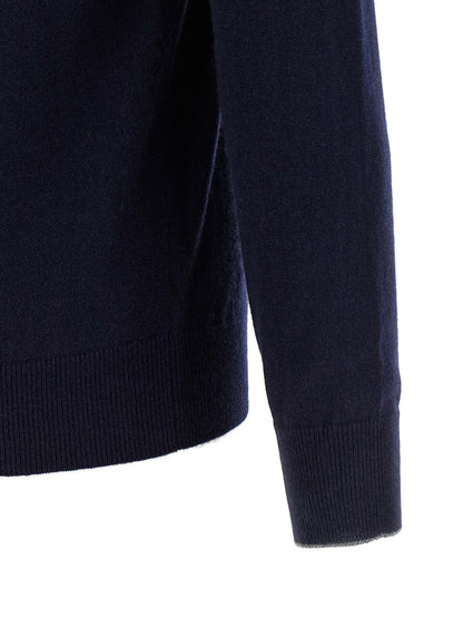 Cardigan by Brunello Cucinelli for men in cashmere dark-blue showcases a captivating silhouette, artfully detailed with a captivating and high-neck neckline for a truly sophisticated captivating look.