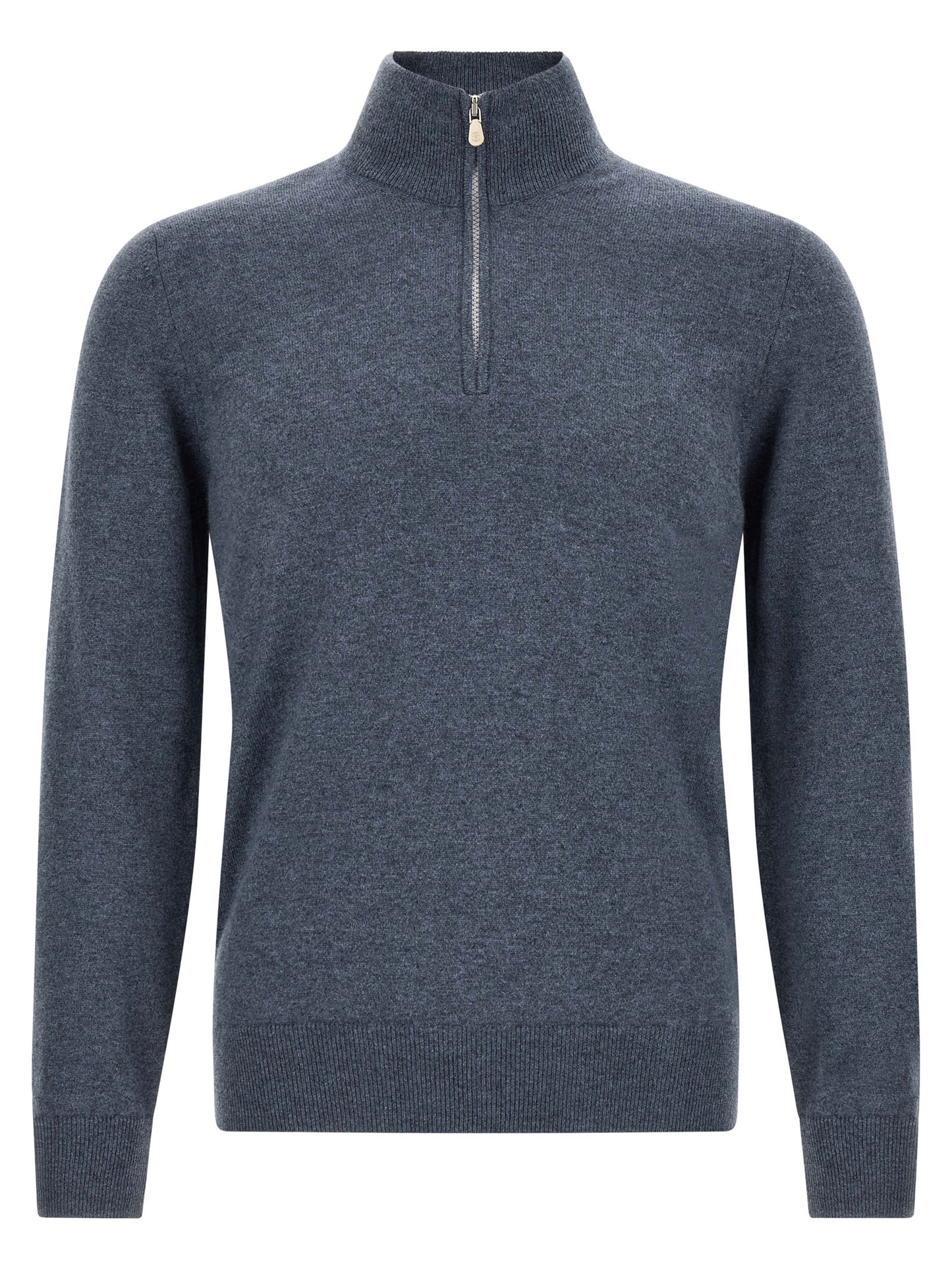 Cardigan by Brunello Cucinelli for men in cashmere blue features an impeccable silhouette, showcasing a sophisticated high-neck neckline and long-sleeve detail for a truly impeccable finish.