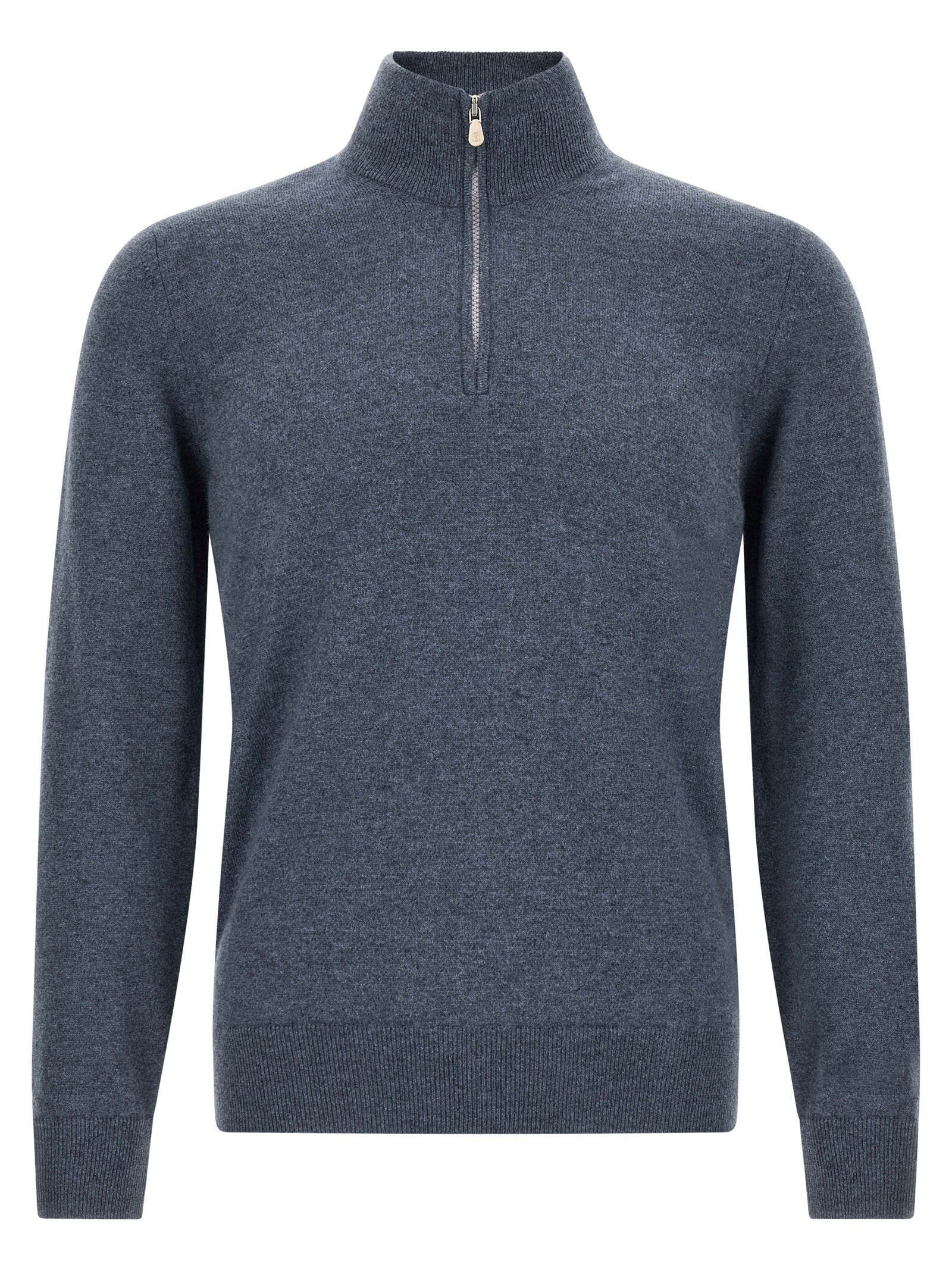 Cardigan by Brunello Cucinelli for men in cashmere blue features an impeccable silhouette, showcasing a sophisticated high-neck neckline and long-sleeve detail for a truly impeccable finish.