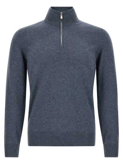 Cardigan by Brunello Cucinelli for men in cashmere blue features an impeccable silhouette, showcasing a sophisticated high-neck neckline and long-sleeve detail for a truly impeccable finish.
