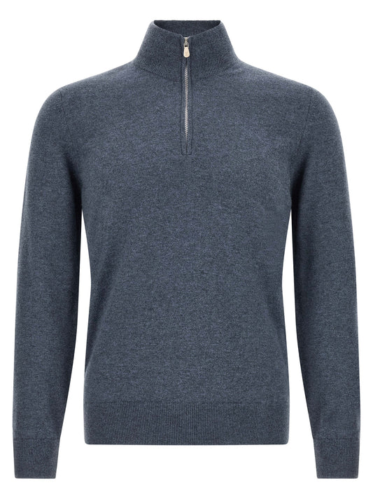 Cardigan by Brunello Cucinelli for men in cashmere blue features an impeccable silhouette, showcasing a sophisticated high-neck neckline and long-sleeve detail for a truly impeccable finish.